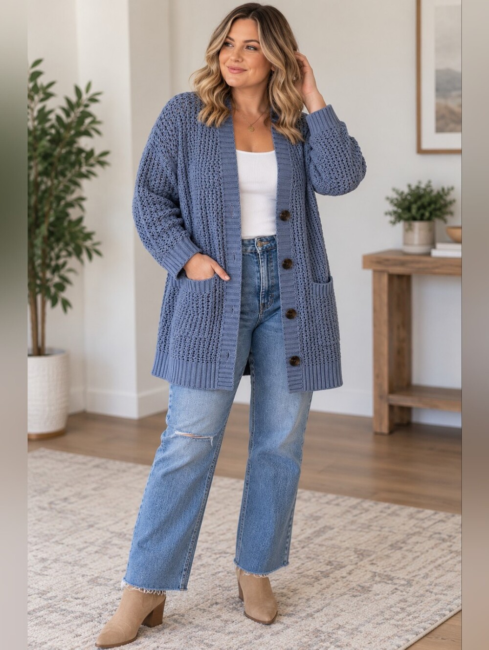 Sonoma Dusty Blue Open-Knit Button Cardigan